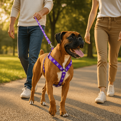 Harnais chien leger mauve sur boxer