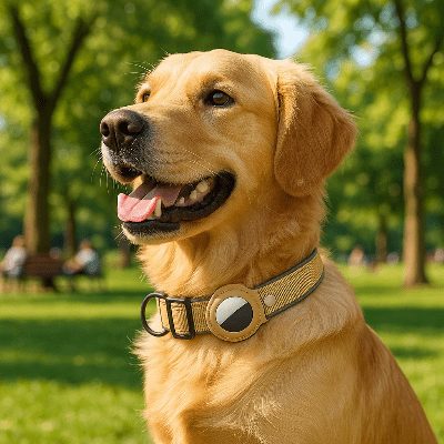 collier anti-fugue chien airtag beige sur golden