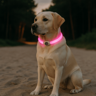 collier lumineux chien pvc rose sur labrador