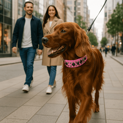 Collier chien cuir rivet argent rose sur setter
