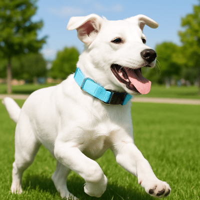 Collier chien reflechissant bleu clair sur labrador
