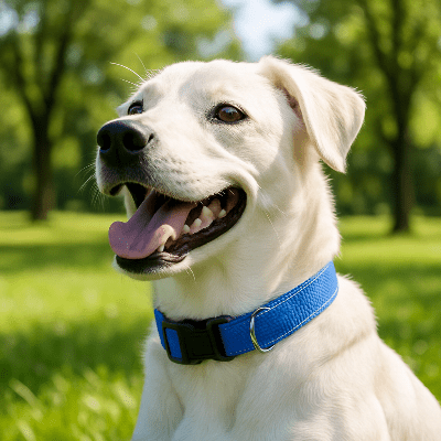 Collier chien reflechissant bleu sur labrador