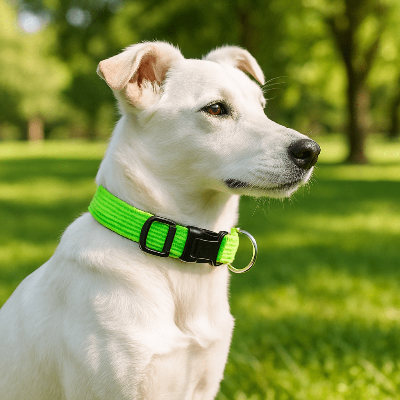 Collier chien reflechissant vert sur labrador