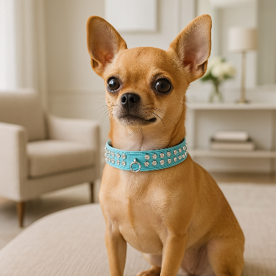 Collier cuir chien diamant bleu chihuahua 