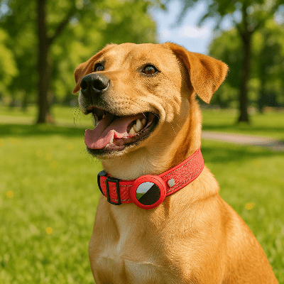 collier anti-fugue chien airtag rouge sur labrador