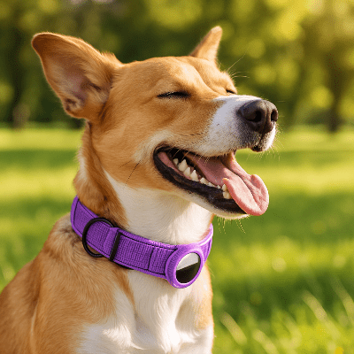 collier anti-fugue chien airtag mauve sur un chien