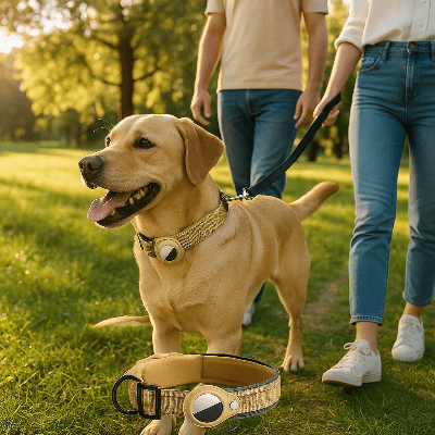 collier anti-fugue chien airtag beige sur labrador