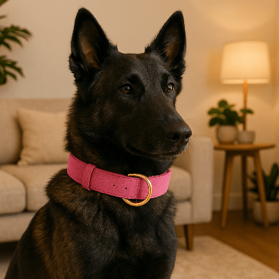 collier chien cuir moelleux rose sur berger