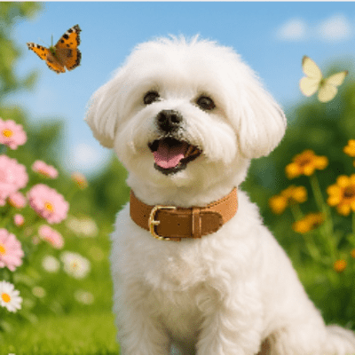 collier chien cuir moelleux marron sur bichon 