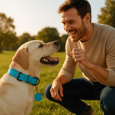 collier chien cuir rembourrer labrador avec son maitre 