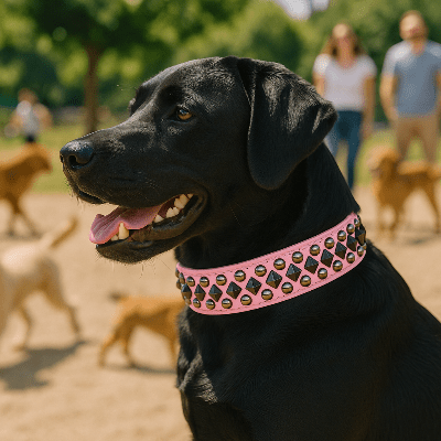 Collier chien cuir rivet argent rose sur labrador