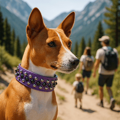 Collier chien cuir rivet argent mauve sur basenji