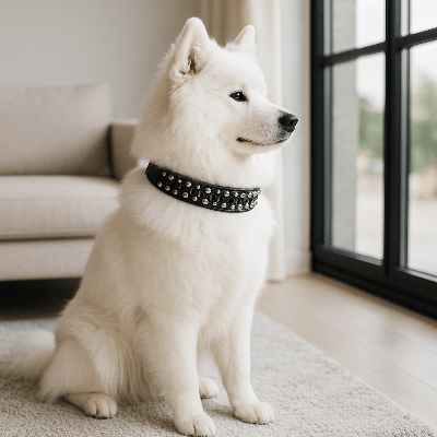 Collier chien cuir rivet argent noir sur samoyede