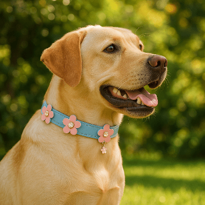 collier cuir chien bleu sur labrador