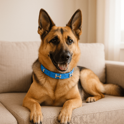 collier cuir chien os bleu sur berger