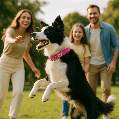 collier cuir chien os rose sur border collie