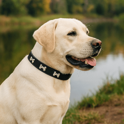 collier cuir chien os noir sur labrador