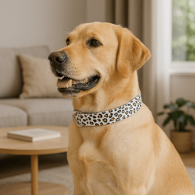 collier lumineux chien leopard blanc sur labrador blond