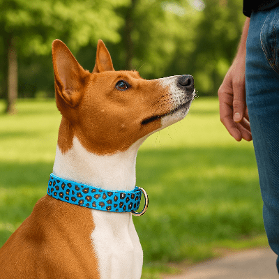 collier lumineux chien leopard bleu sur basenji