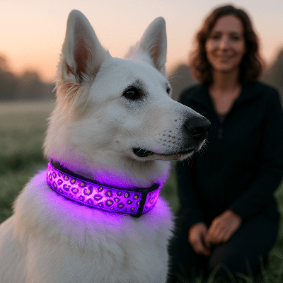 collier lumineux chien leopard mauve sur berger allemand blanc
