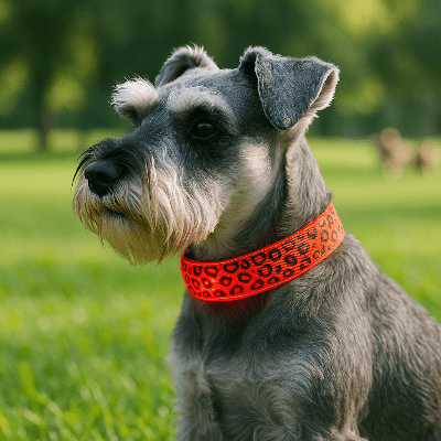 collier lumineux chien leopard rouge sur schnauzer