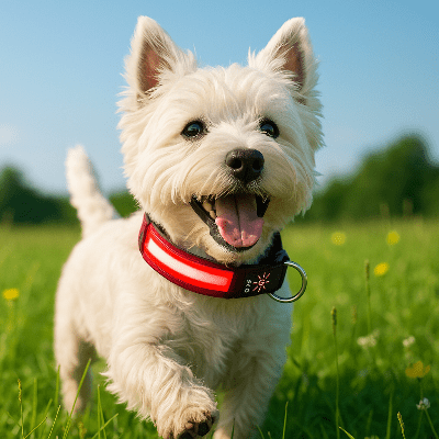 collier lumineux pour chien clignotant rouge sur westie