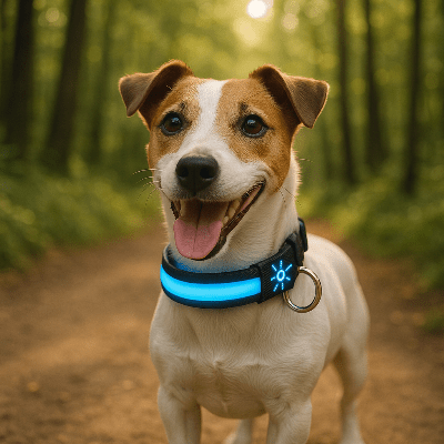 collier lumineux pour chien clignotant bleu sur jack russel