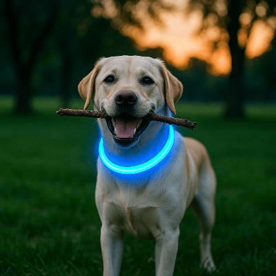 Collier lumineux pour chien LED bleu sur labrador