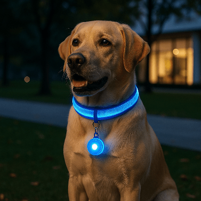 collier lumineux pour chien avec pendentif bleu sur labrador