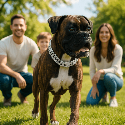 collier pour chien diamant argent boxer au parc
