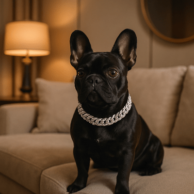 collier pour chien diamant argent boston sur sofa