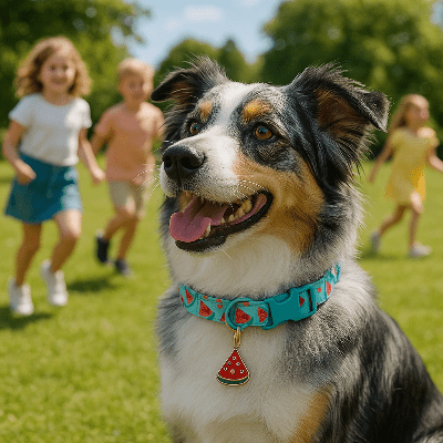 Collier pour chien fruits berger au parc avec les enfants