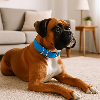 collier chien ajustable bleu sur boxer