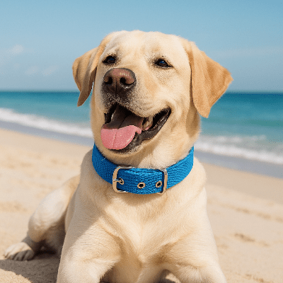 collier chien ajustable bleu sur labrador