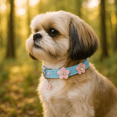 collier cuir chien bleu sur shihtzu