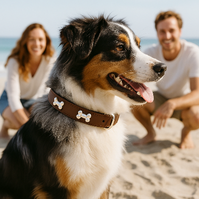 collier cuir chien os brun sur berger austrailen
