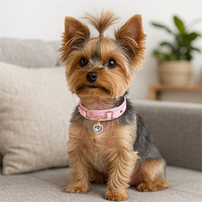 collier en cuir pour chien rose sur yorshire