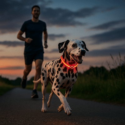 collier lumineux chien pvc rouge avec dalmatien qui court
