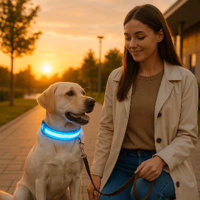 collier lumineux chien rechargeable bleu avec labrador et son maitre