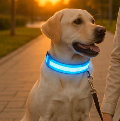 collier lumineux chien rechargeable bleu sur labrador