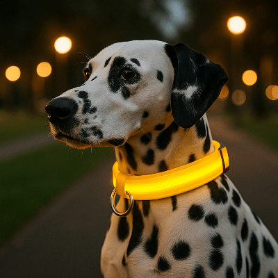 collier lumineux chien rechargeable jaune sur dalmatien