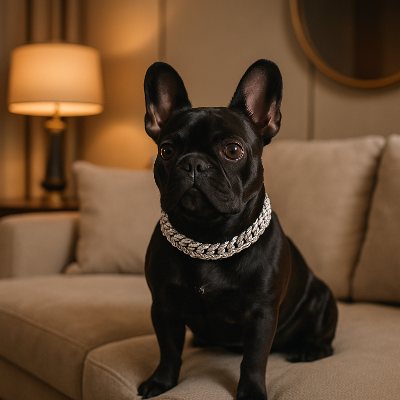 collier pour chien diamant argent boston sur sofa
