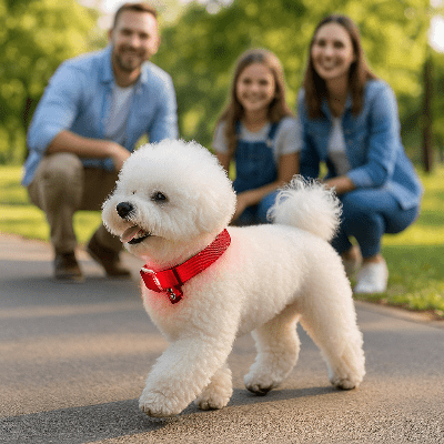 Colliers lumineux pour chiens usb airtag rouge sur bichon marchant