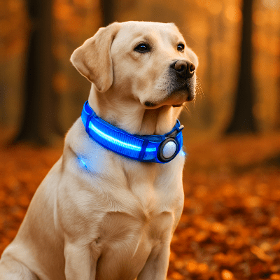 Colliers lumineux pour chiens usb airtag bleu sur labrador
