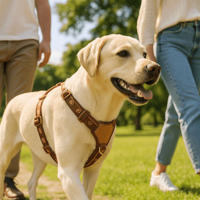 Harnais chien classique brun sur labrador blond