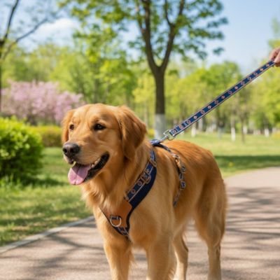 Harnais chien bleu sur golden