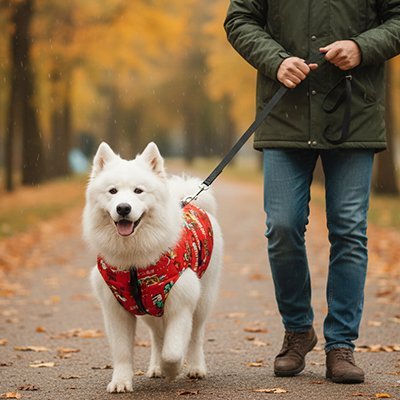 Imperméable pour chien​ rouge sur chien blanc