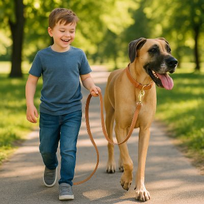 laisse pour chien cuir moelleux avec danois en promenade