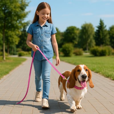 laisse pour chien cuir moelleux basset en promenade avec jeune fille