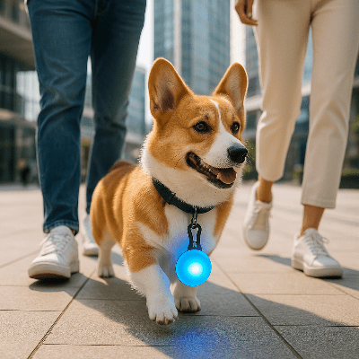 lumière collier chien bleu sur corgi